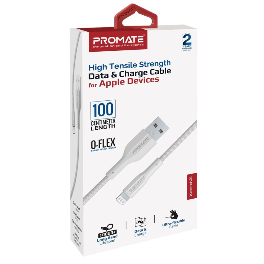 Promate XCORD-AI200-WHT - 2M USB-A to Lightning Connector Super Flexible Cable Supports 2A Charging & 480Mbps