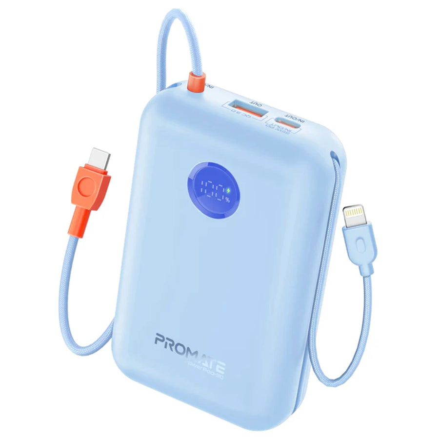 Promate POWERPOD-30-BL - 30000mAh Ultra Compact 35W SuperSpeed Pwr Bank w Built-in USB-C & Lightning Cables. 35W