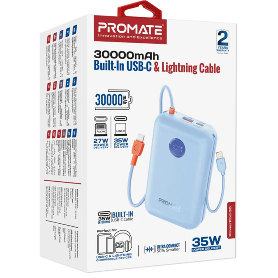 Promate POWERPOD-30-BL - 30000mAh Ultra Compact 35W SuperSpeed Pwr Bank w Built-in USB-C & Lightning Cables. 35W