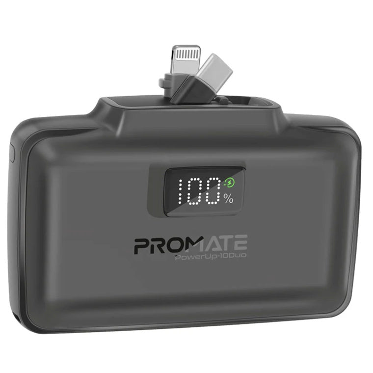 Promate POWERUP-10DUO-BL - 10000mAh Ultra-Compact Fast Charging Power Bank In-Built Dual Folding USB-C & Lightning