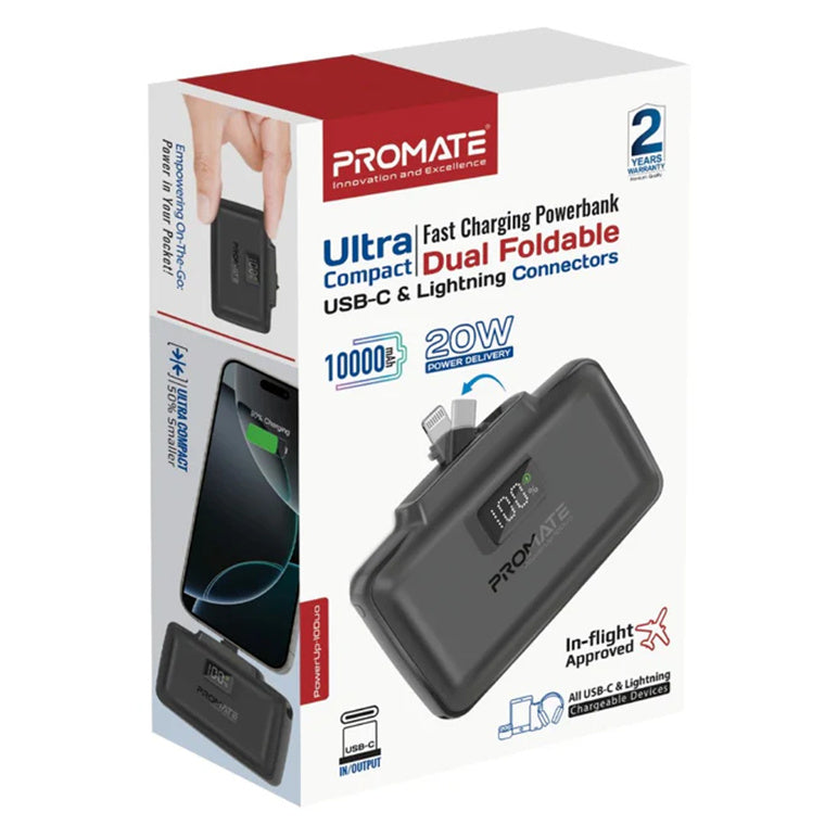 Promate POWERUP-10DUO-BL - 10000mAh Ultra-Compact Fast Charging Power Bank In-Built Dual Folding USB-C & Lightning