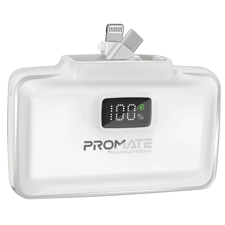 Promate POWERUP-10DUO-WT - 10000mAh Ultra-Compact Fast Charging Power Bank In-Built Dual Folding USB-C & Lightning
