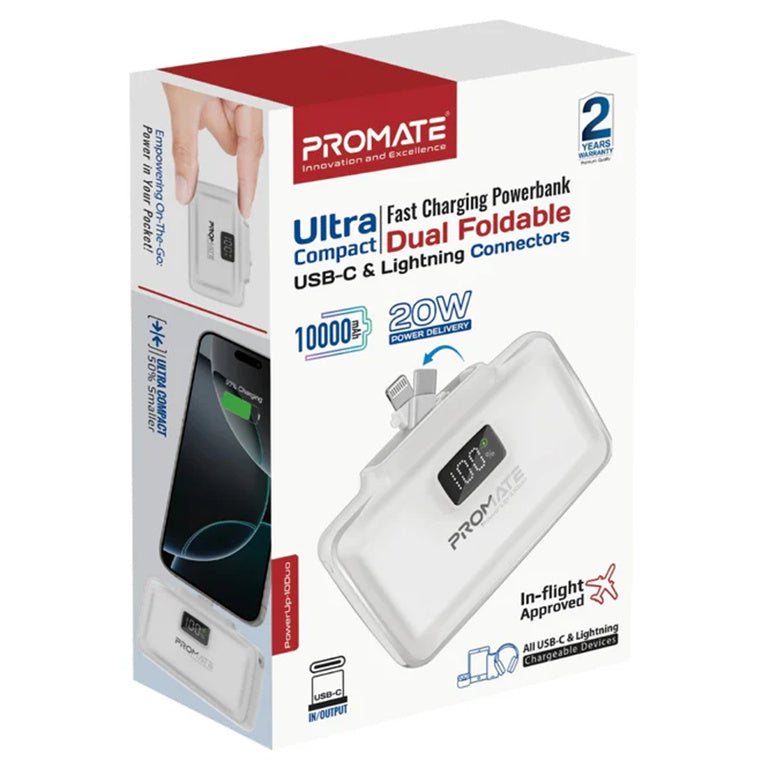 Promate POWERUP-10DUO-WT - 10000mAh Ultra-Compact Fast Charging Power Bank In-Built Dual Folding USB-C & Lightning