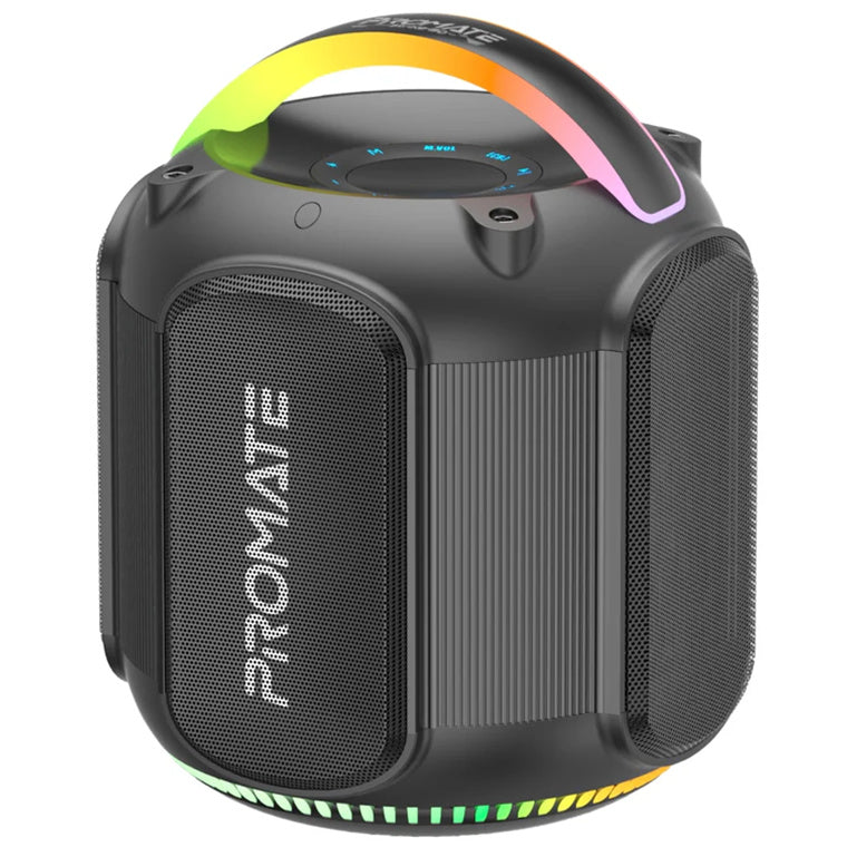 Promate STRIKE-80  80W Portable BT Speaker with Dynamic RBG Lights. Up to 6 Hours Playback, AUX, USB, Mic/Guitar Inputs, IPX5, TWS, Built-in Carry Handle, Sound Equalizer, Built-in Subwoofer. BLK