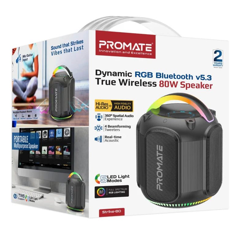 Promate STRIKE-80  80W Portable BT Speaker with Dynamic RBG Lights. Up to 6 Hours Playback, AUX, USB, Mic/Guitar Inputs, IPX5, TWS, Built-in Carry Handle, Sound Equalizer, Built-in Subwoofer. BLK