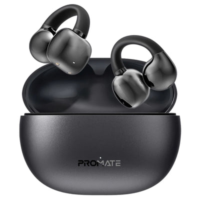 Promate AIRCLIP-BLK  Open Ear Clip-on Bluetooth Earbuds with Intellitouch Smart Control.Includes500mAh Recharging Battery Case, Up to 28 Hours Play Back, Water Resistant, Black