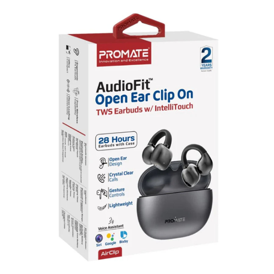 Promate AIRCLIP-BLK  Open Ear Clip-on Bluetooth Earbuds with Intellitouch Smart Control.Includes500mAh Recharging Battery Case, Up to 28 Hours Play Back, Water Resistant, Black
