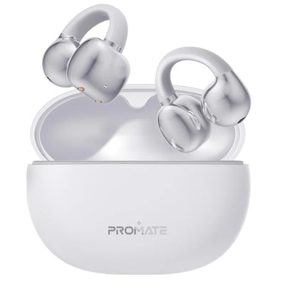 Promate AIRCLIP-WHT  Open Ear Clip-on Bluetooth Earbuds with Intellitouch Smart Control.Includes500mAh Recharging Battery Case, Up to 28 Hours Play Back, Water Resistant, White