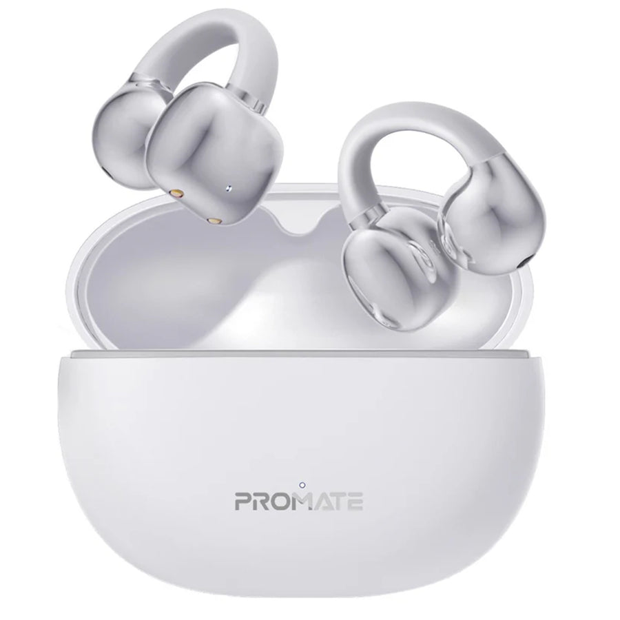 Promate AIRCLIP-WHT  Open Ear Clip-on Bluetooth Earbuds with Intellitouch Smart Control.Includes500mAh Recharging Battery Case, Up to 28 Hours Play Back, Water Resistant, White