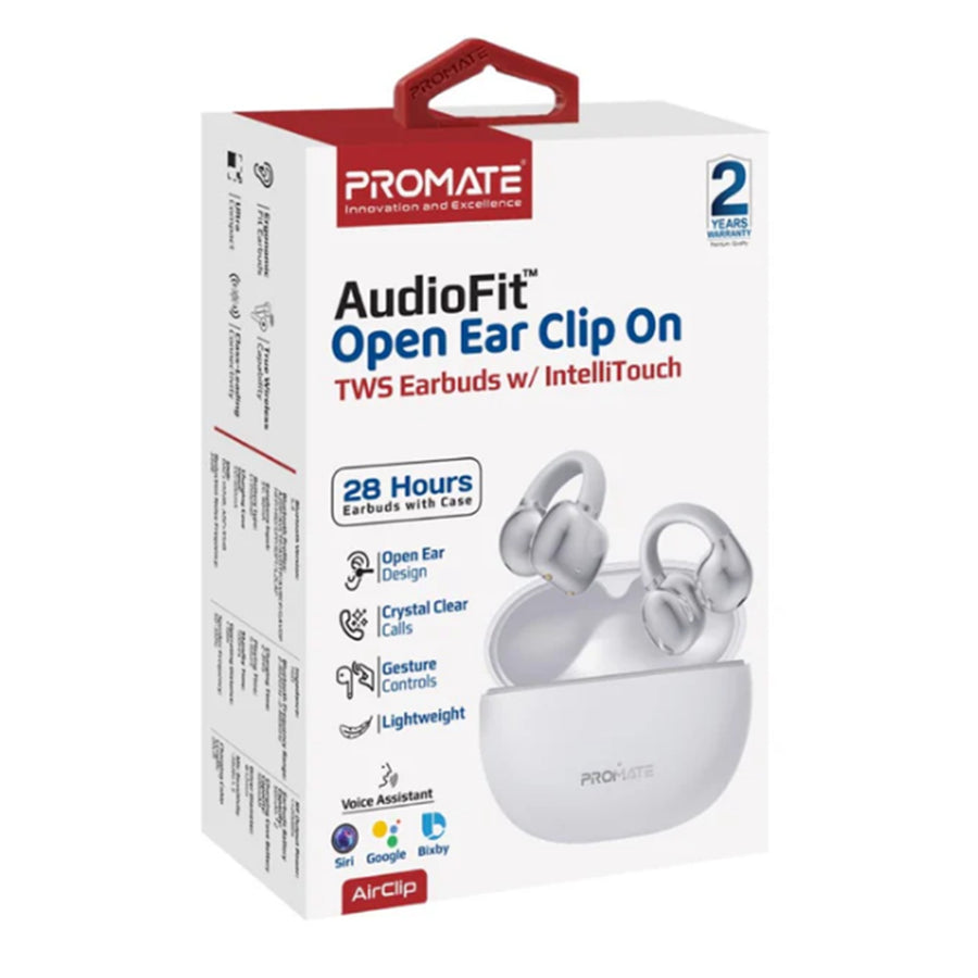 Promate AIRCLIP-WHT  Open Ear Clip-on Bluetooth Earbuds with Intellitouch Smart Control.Includes500mAh Recharging Battery Case, Up to 28 Hours Play Back, Water Resistant, White