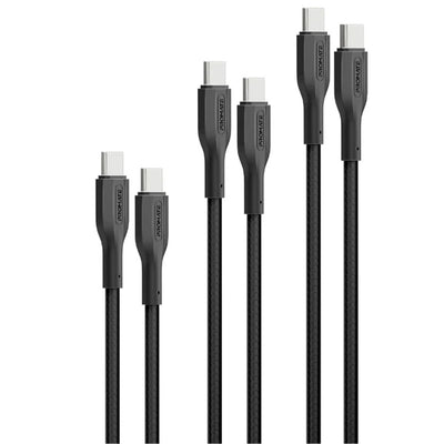 Promate CABLEKIT-CC 3-teiliges 60W PW USB-C-Kabelset. Beinhaltet 0,3M, 1,2M & 2M Längen. Daten & Laden, Unterstützt 5A/20V. Schwarz