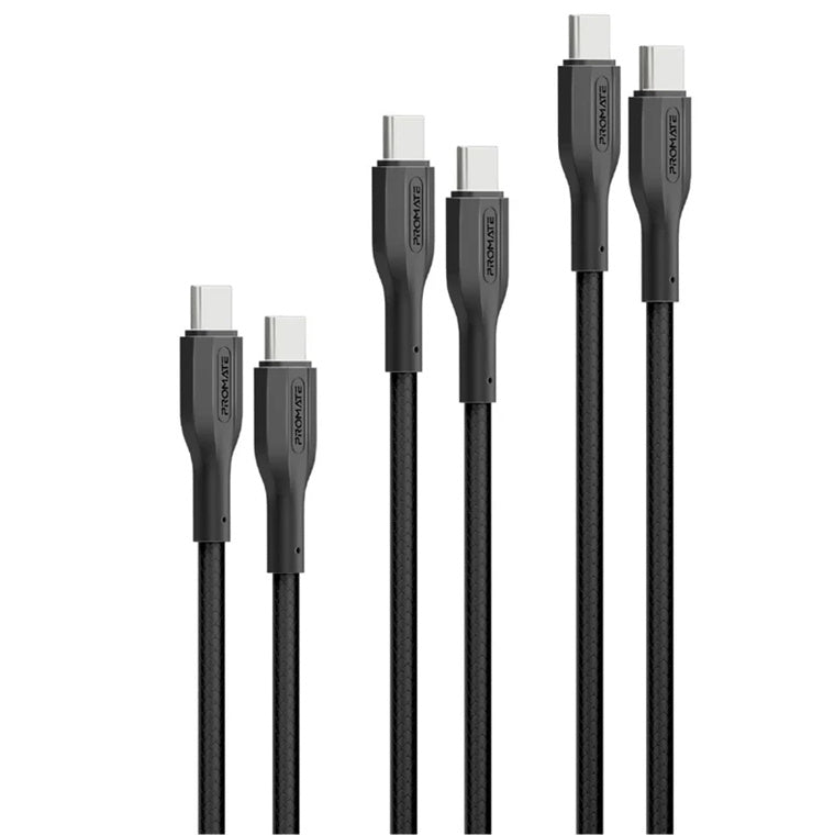 Promate CABLEKIT-CC  3-Piece 60W PW USB-CCable Kit. Includes 0.3M, 1.2M & 2M Lenghts. Data & Charge, Supports 5A/20V. Black