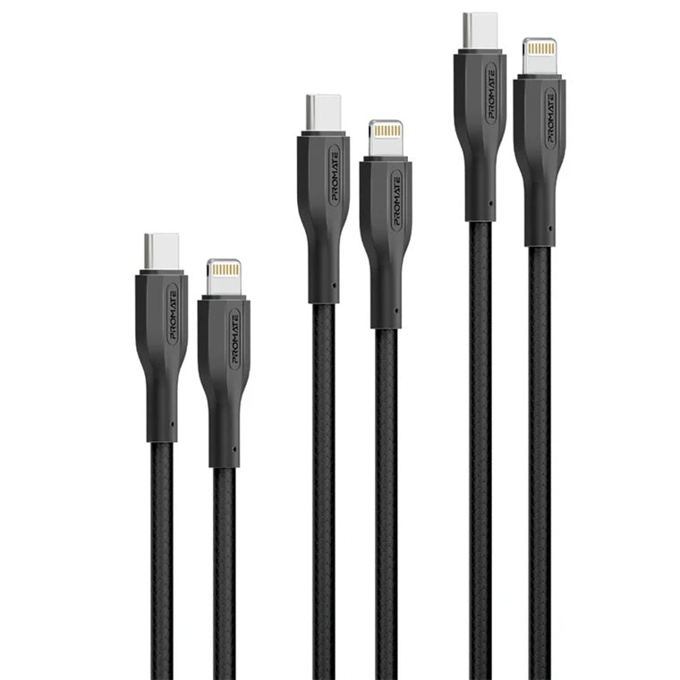 Promate CABLEKIT-CI - 3-Piece 60W PW USB-C to Lightning Cable Kit Includes 0.3M 1.2M & 2M
