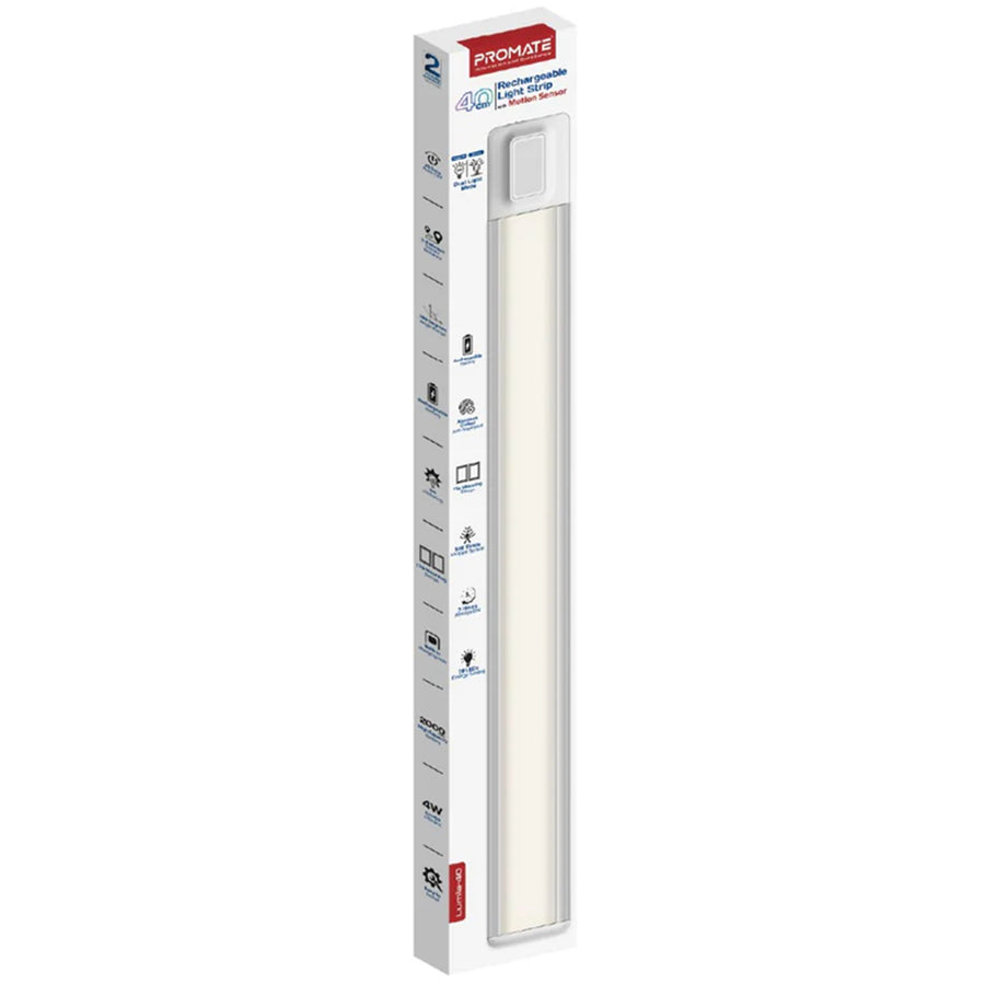 LUMIA-40 - PROMATE 40cm Rechargeable Light Strip with Motion Sensor. 2000mAh Battery, Up to 3 Hours Always On, Built-in Hanging Hole, 20 Seconds Auto-Off, Includes USB-C Charging Cable.