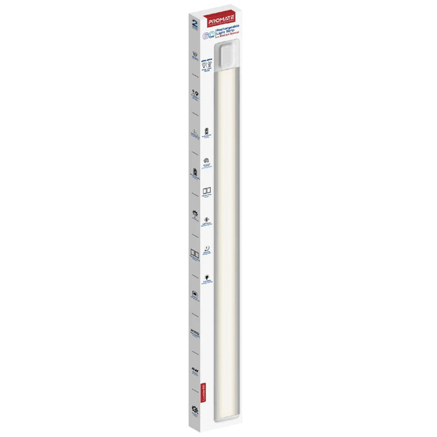 LUMIA-60 - PROMATE 60cm Rechargeable Light Strip with Motion Sensor. 2000mAh Battery, Up to 3 Hours Always On, Built-in Hanging Hole, 20 Seconds Auto-Off, Includes USB-C Charging Cable.