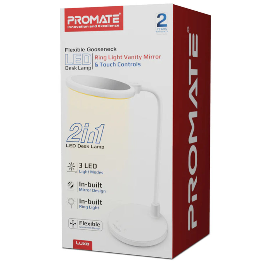 Promate LUXO - Flexible GooseneckLED Desk Lamp w RingLight Vanity Mirror & Touch Controls 3-LED Modes