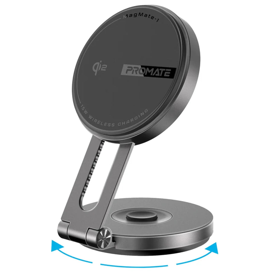 Promate MAGMATE-1 - 15W Qi2 Extending Magnetic Wireless Charging Mount. 360 Rotatable Extend & Fold