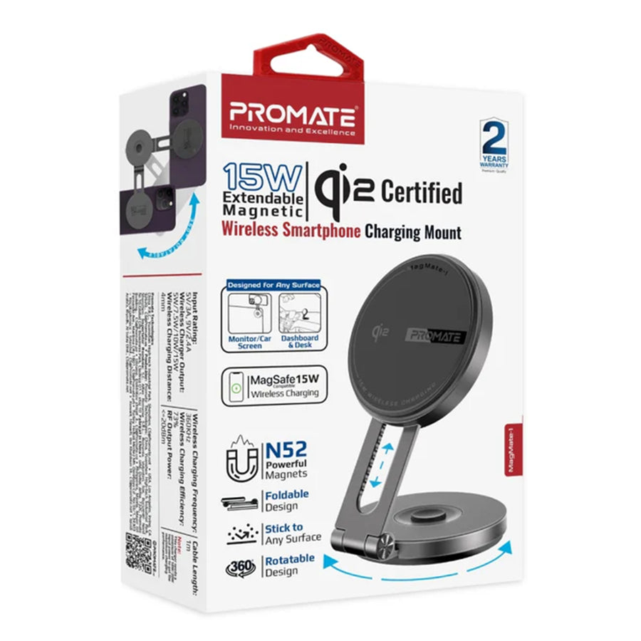 Promate MAGMATE-1 - 15W Qi2 Extending Magnetic Wireless Charging Mount. 360 Rotatable Extend & Fold