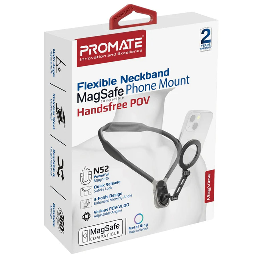Promate MAGVIEW - MagSafe Neckband Phone Mount for Handsfree POV. Quick release Neck Lock Fixing