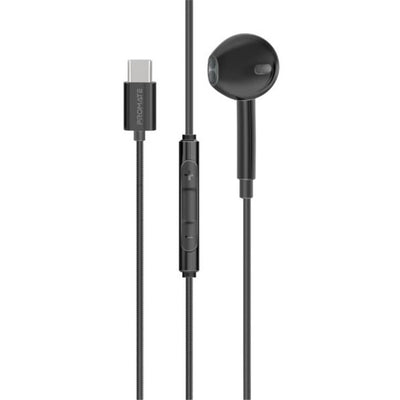 Promate MONOPOD-C-BLK - Mono In-Ear Wired Earphone with USB-C Connector. In-Line Microphone & Volume