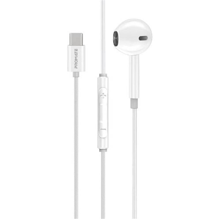 Promate MONOPOD-C-WHT - Mono In-Ear Wired Earphone with USB-C Connector. In-Line Microphone & Volume