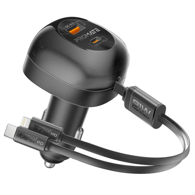 Promate POWERDRIVE-RCI81 - 81W Multi-Port In-Car Phone Charger with Retractable USB-C Lightning Cables. Supports 45W