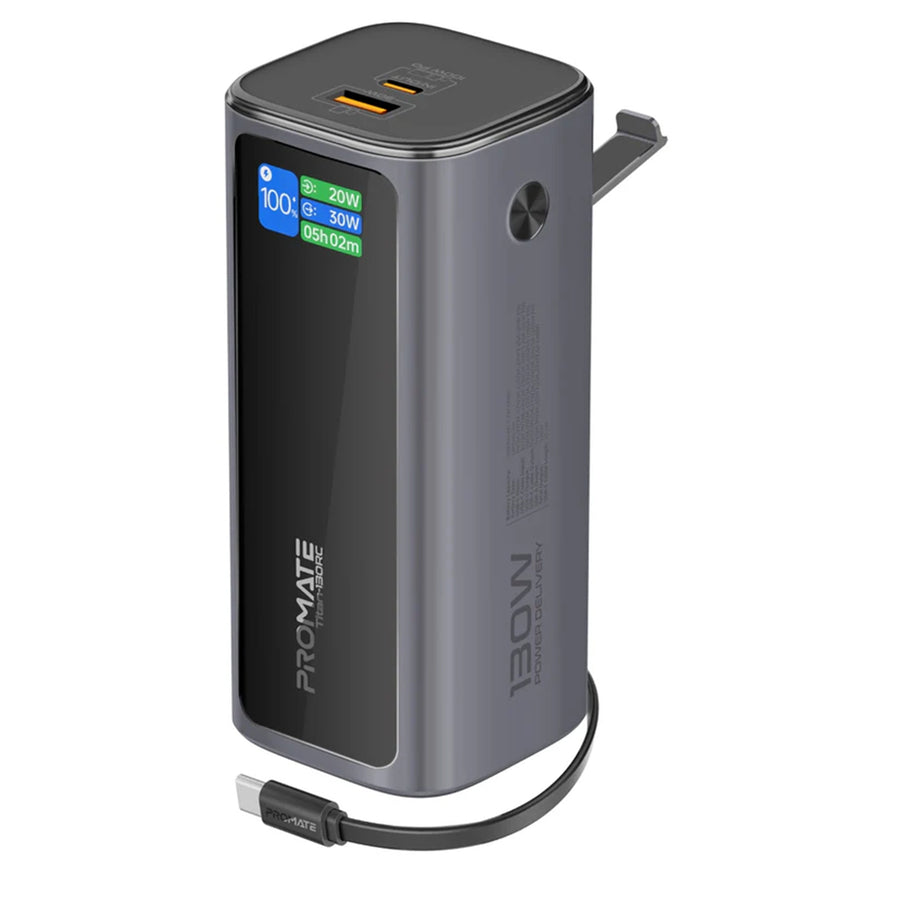 TITAN-130RC - PROMATE 20000mAh 130W Aluminium Power Bank with Rectractable USB-C Cable & LCD Screen. Supports 100W PD, 30W QC 3.0 Port, Built-in Phone Stand.