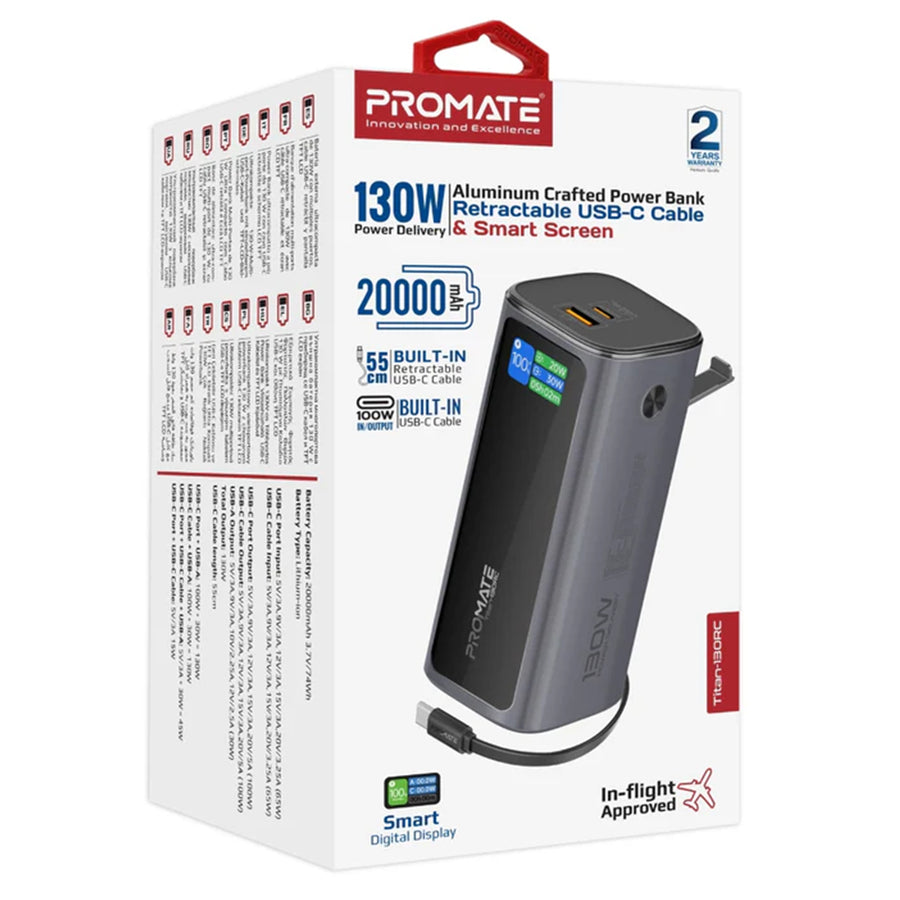 TITAN-130RC - PROMATE 20000mAh 130W Aluminium Power Bank with Rectractable USB-C Cable & LCD Screen. Supports 100W PD, 30W QC 3.0 Port, Built-in Phone Stand.
