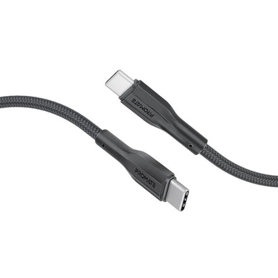 Promate XCORD-CC200-BLK – 2m 60W USB-C zu USB-C Superflexibles Kabel 3A/20V Unterstützt 3A/20V Laden & 480