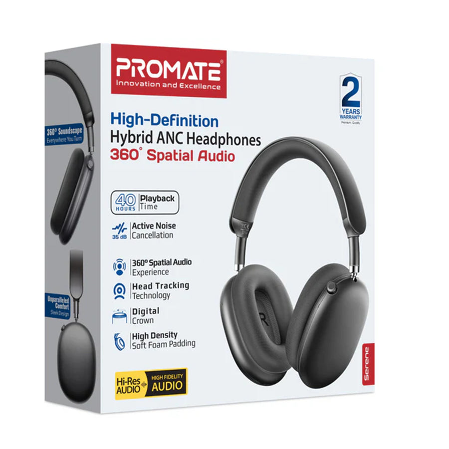 Promate SERENE - HD AI Noise Cancelling Wireless Bluetooth Headphones Up to 40hrs Playing time Soft
