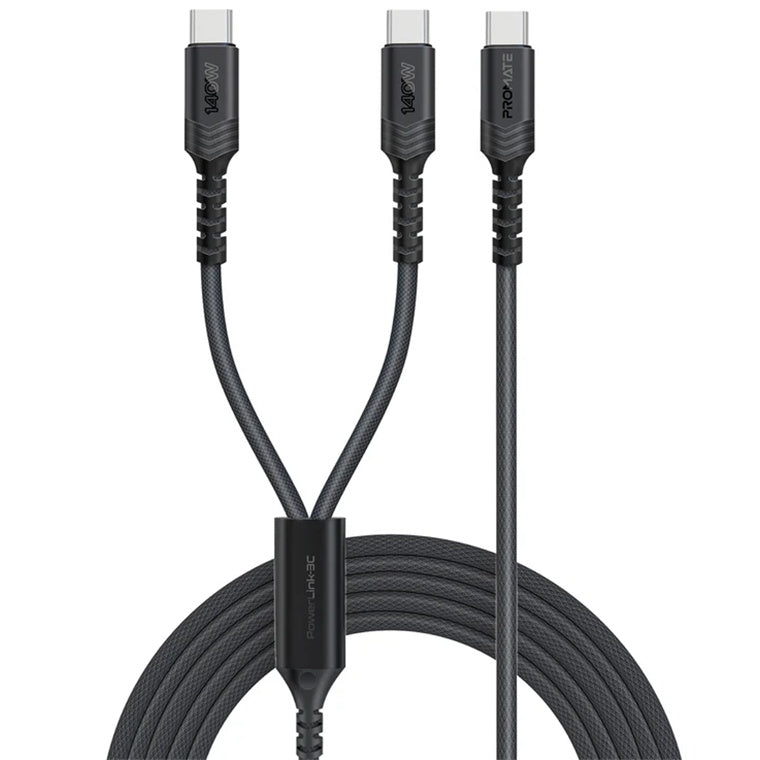 Promate POWERLINK-3C-BLK - 1.4M 140W PD USB-C to Dual USB-C Charging Cable. Black