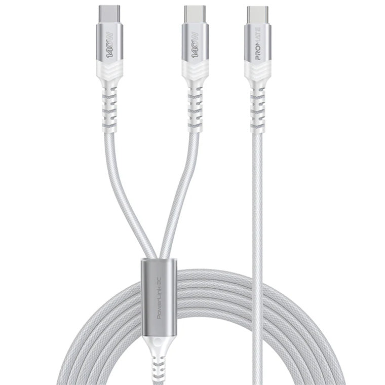 Promate POWERLINK-3C-WHT - 1.4M 140W PD USB-C to Dual USB-C Charging Cable. White