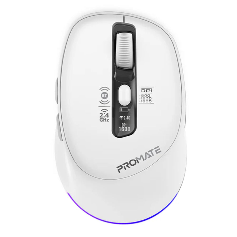 BLIX-3M-WHT - PROMATE Tri-Connect Wireless Mouse with Rechargeable Battery. 2.4G & BT Connect