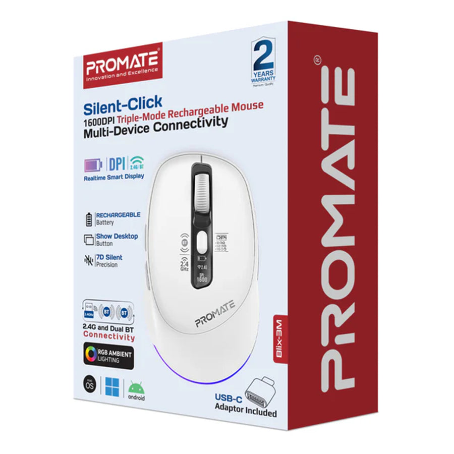 BLIX-3M-WHT - PROMATE Tri-Connect Wireless Mouse with Rechargeable Battery. 2.4G & BT Connect