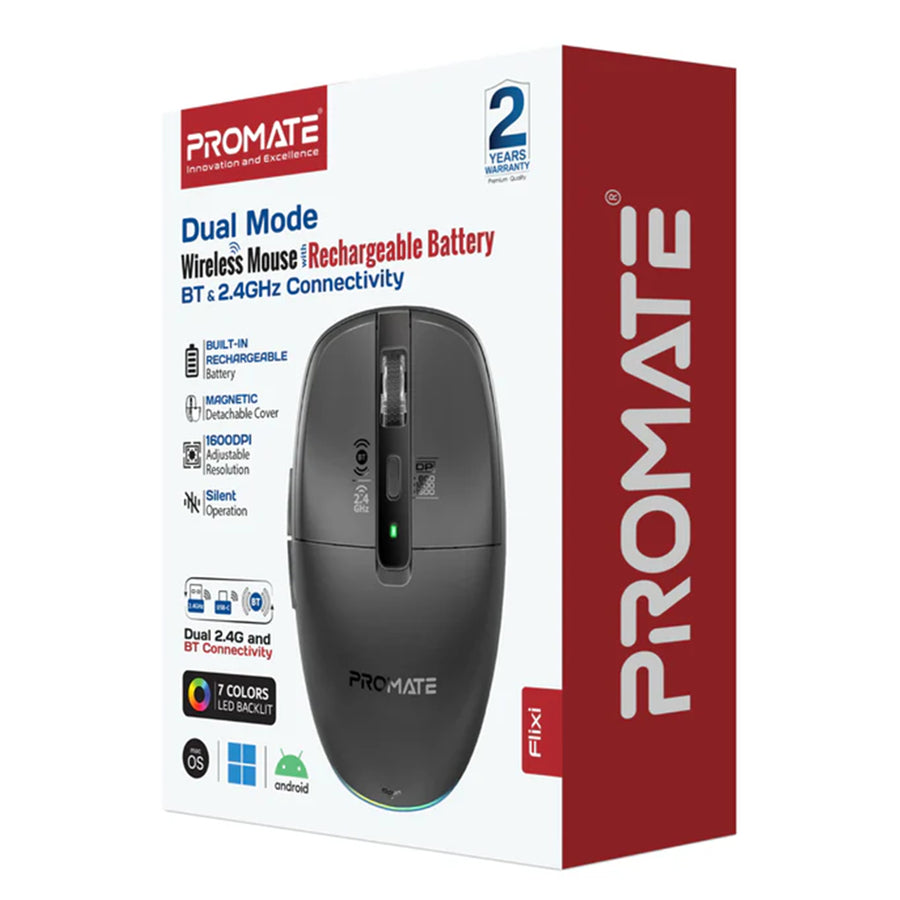 FLIXI-BLK - PROMATE Dual-Mode Wireless Mouse with Rechargeable Battery. 2.4G & BT Connect