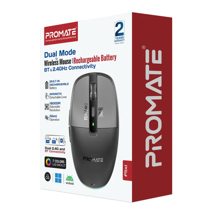FLIXI-GRY - PROMATE Dual-Mode Wireless Mouse with Rechargeable Battery. 2.4G & BT Connect