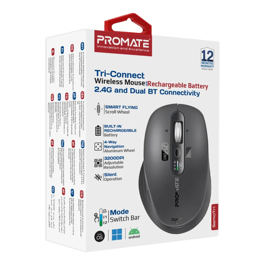 SAMOTRI-BLK - PROMATE Tri-Connect Wireless Mouse with Rechargeable Battery. 2.4G & BT Connect