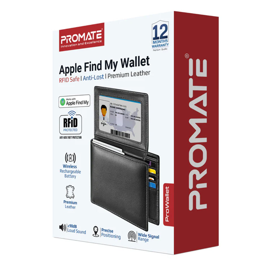Promate PROWALLET-BLK - Anti-Loss Slim Leather Wallet With RFID Protection & Smart Tracking.