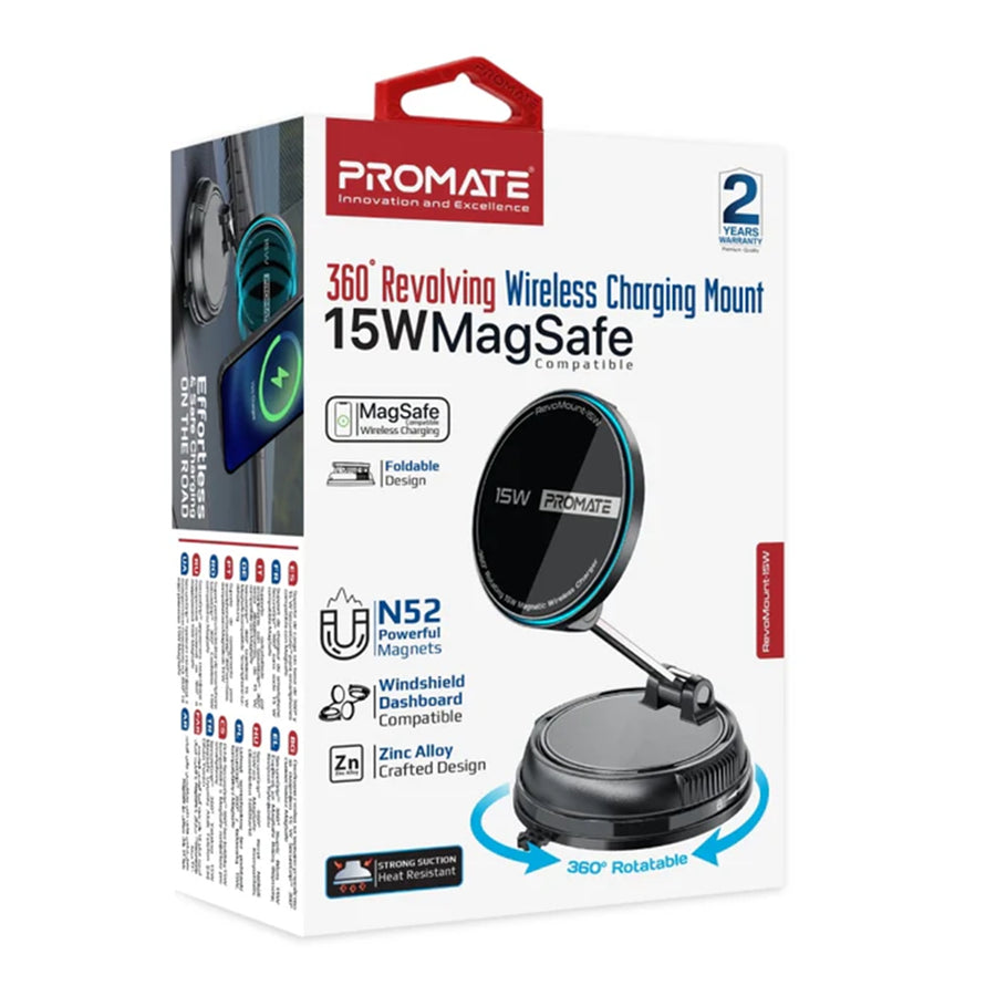 Promate REVOMOUNT-15W - SecureGrip 360 Cradleless 15W MagSafe Compatible SmartPhone Charger Mount