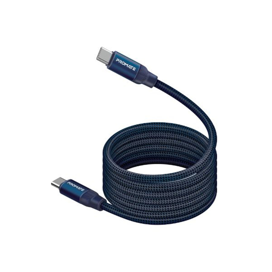 Promate SPRINGY-BLUE - 1.2m USB-C to USB-C Cable Self-Organising Auto Untangle Supports 60W Power Delivery