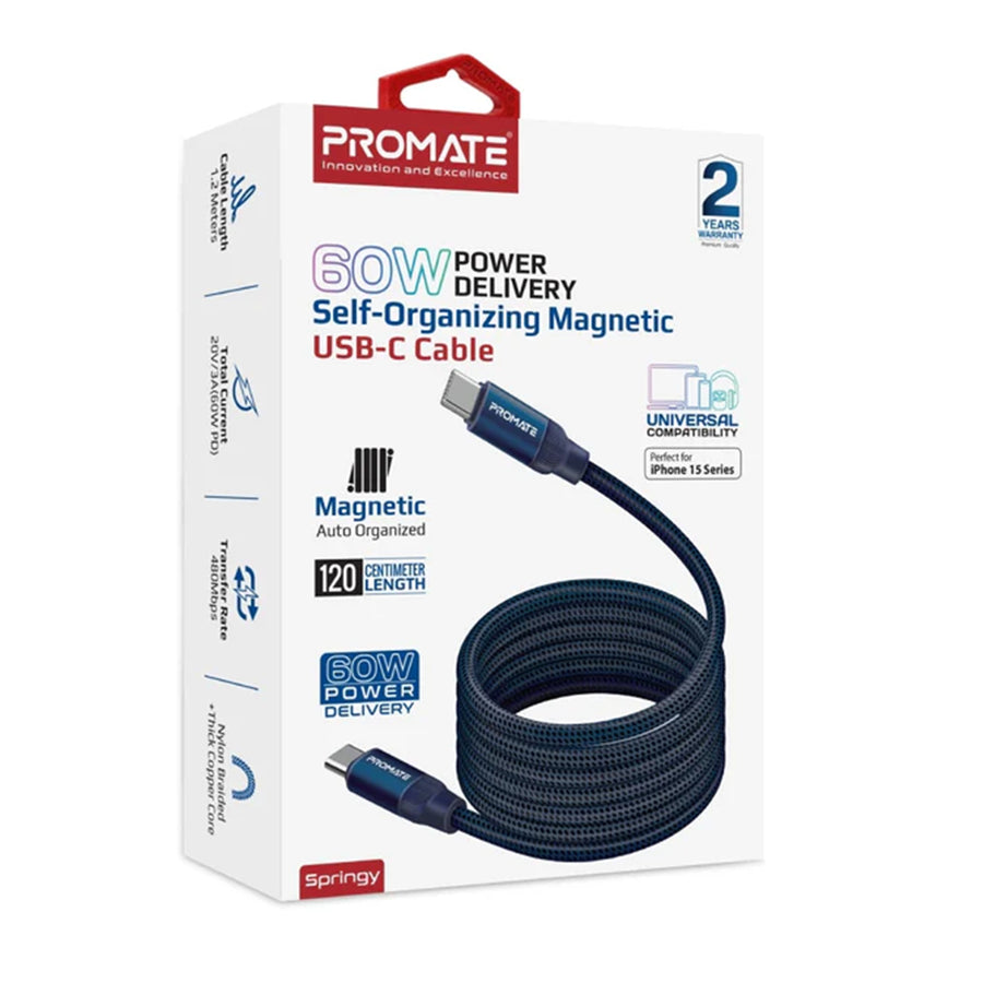 Promate SPRINGY-BLUE - 1.2m USB-C to USB-C Cable Self-Organising Auto Untangle Supports 60W Power Delivery