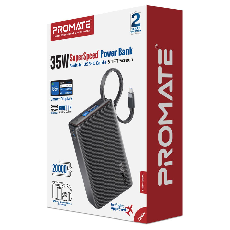 Promate TITAN-35W - 20000mAh Ultra Compact 35W SuperSpeed Power Bank with Built-in USB-C Cable