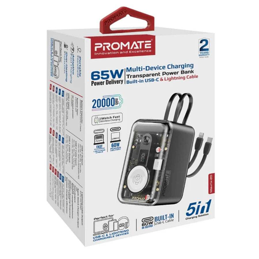 Promate MAVRIX - 10000mAh 4-in-1 Smartphone & Apple Watch Charging Dual USB-C & Lightning Cable