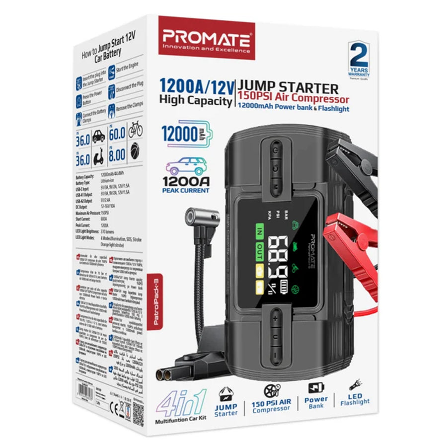 Promate PATROLPACK-3 - 4-in-1 1200A/12V Heavy Duty Car Jump Starter Air Compressor 12000mAh Power Bank 150PSi