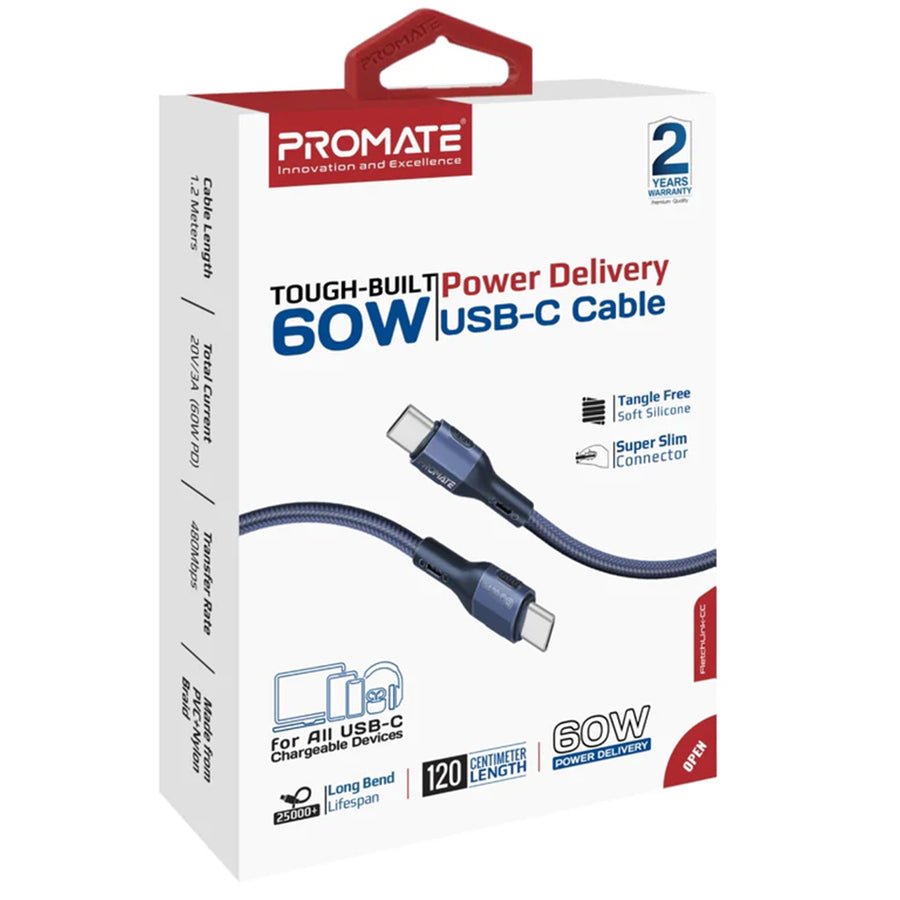 Promate FLETCHLINK-CC-BL - 1.2m 60W PD USB-C to USB-C Tough-Built Cable. Supports up to 480Mbps Slim