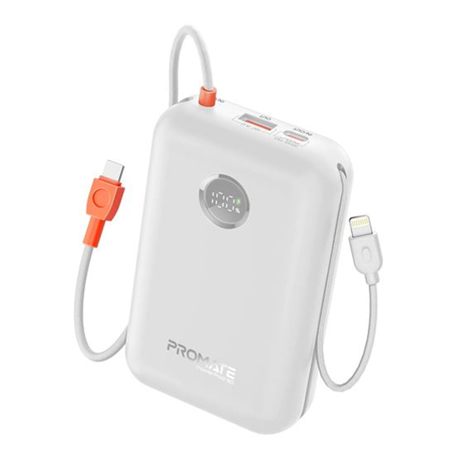 Promate POWERPOD-30-WHT - 30000mAh Ultra Compact 35W SuperSpeed Power Bank Built-in USB-C & Lightning Cables. 35W
