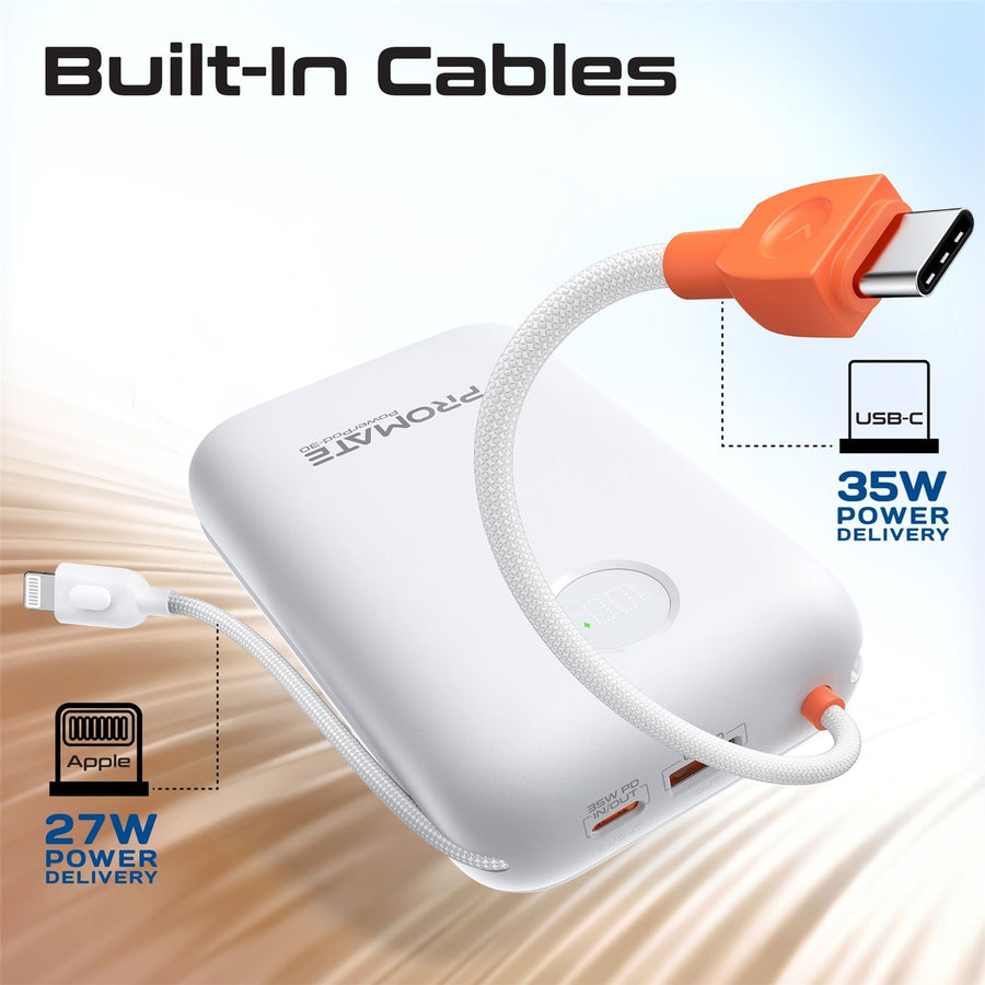 Promate POWERPOD-30-WHT - 30000mAh Ultra Compact 35W SuperSpeed Power Bank Built-in USB-C & Lightning Cables. 35W