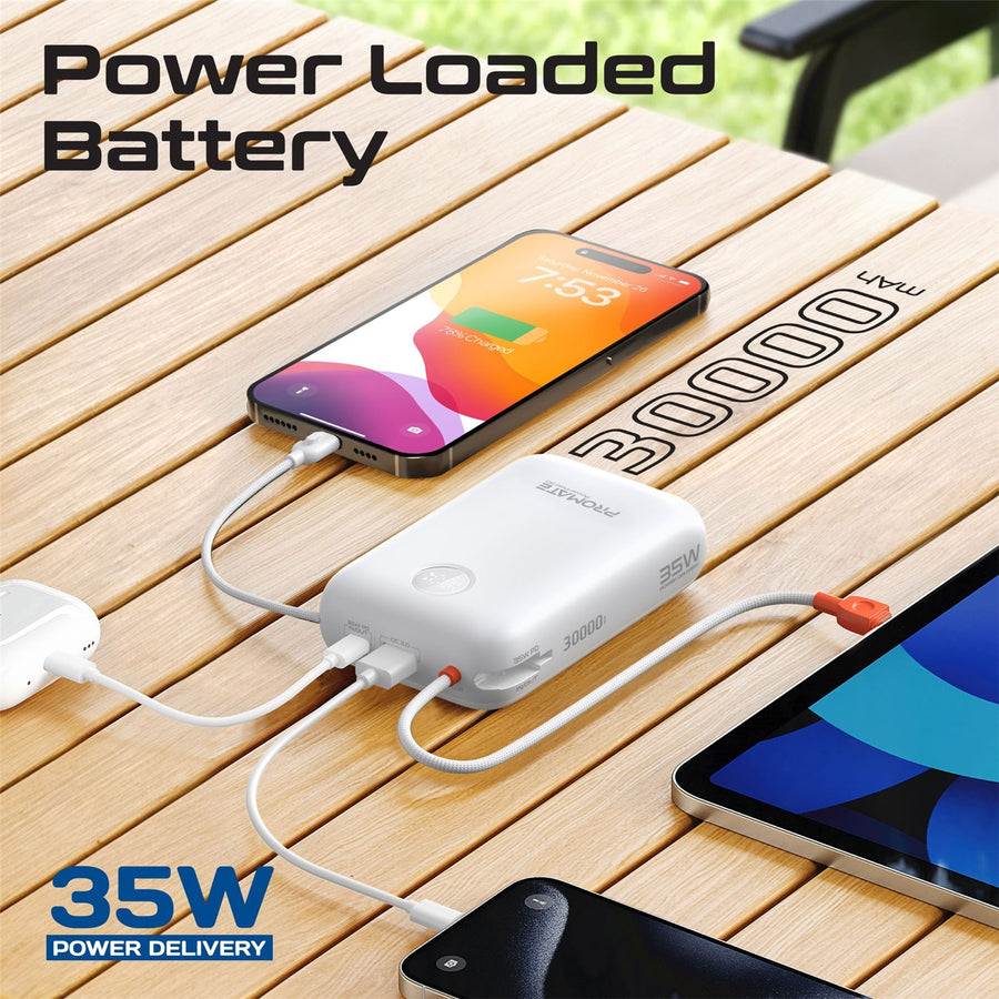 Promate POWERPOD-30-WHT - 30000mAh Ultra Compact 35W SuperSpeed Power Bank Built-in USB-C & Lightning Cables. 35W