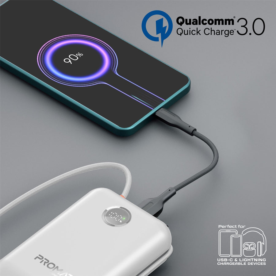 Promate POWERPOD-30-WHT - 30000mAh Ultra Compact 35W SuperSpeed Power Bank Built-in USB-C & Lightning Cables. 35W