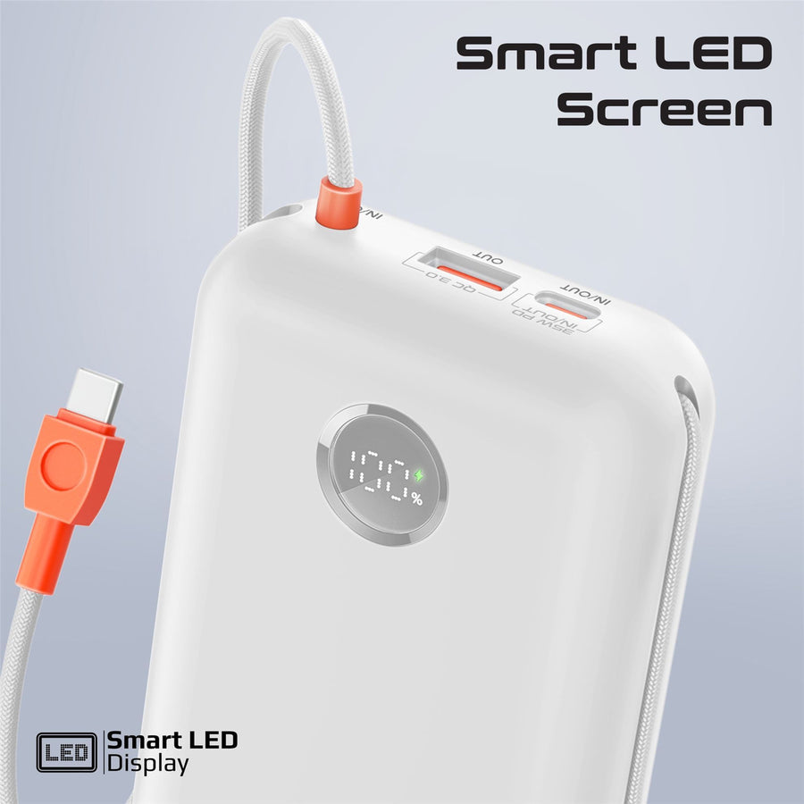 Promate POWERPOD-30-WHT - 30000mAh Ultra Compact 35W SuperSpeed Power Bank Built-in USB-C & Lightning Cables. 35W
